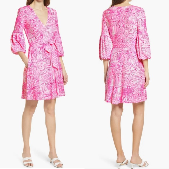 Lilly Pulitzer Chace Wrap Dress Pink Blossom Palm Beach Paradise Floral Bobo Med - Picture 1 of 16